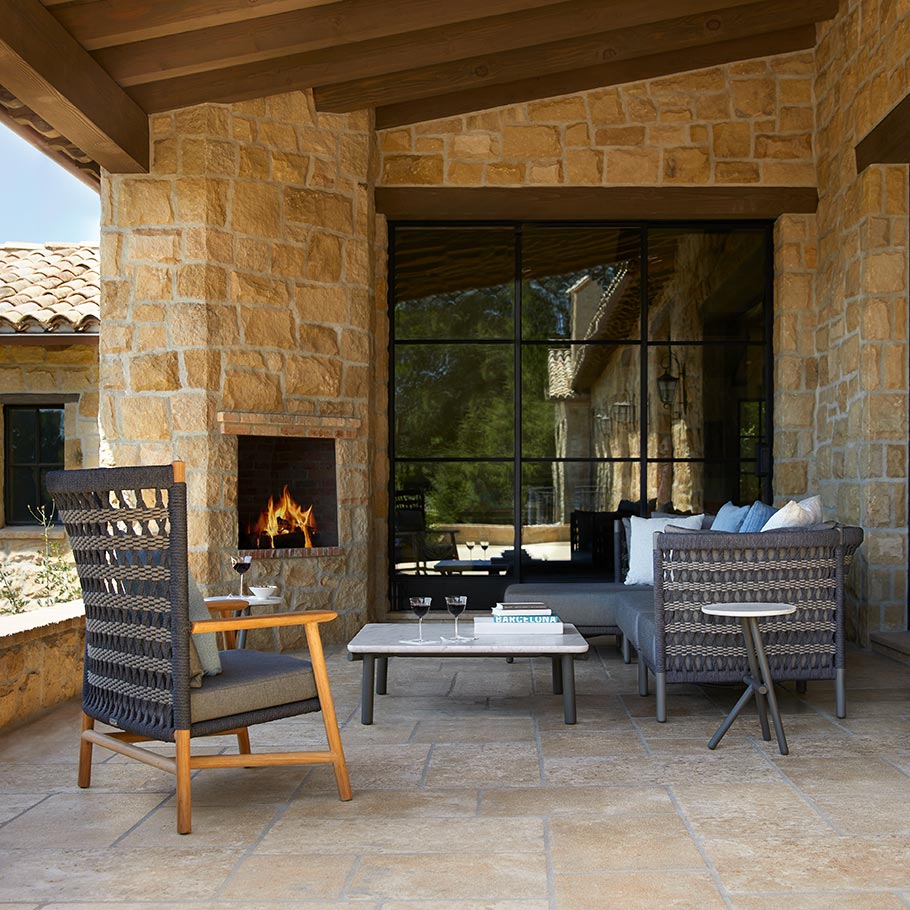 outdoor patio set in front of fireplace