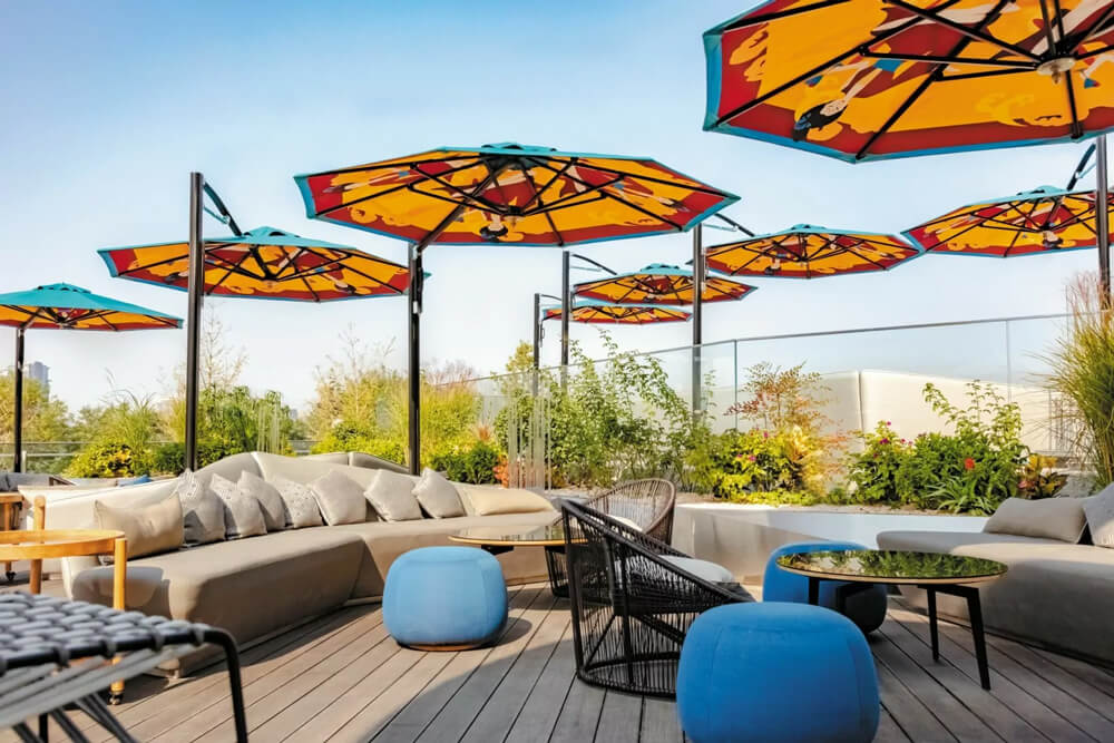 outdoor furniture with colorful umbrellas